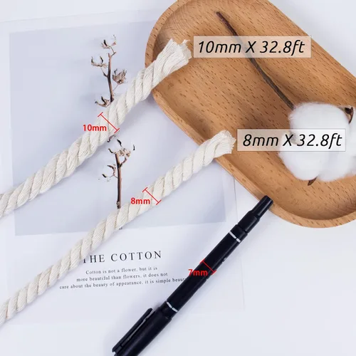Vista 2 de Cuerda de macramé gruesa de 0.315 in x 32.8 pies, cuerda de algodón trenzada de algodón natural, 3 capas para colgar en la pared, para colgar