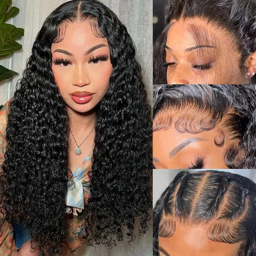 Vista 23 de Pelucas de cabello humano ondulado con encaje frontal 360 con correa oculta, nudos blanqueados, sin pegamento, previamente despuntadas, precortadas