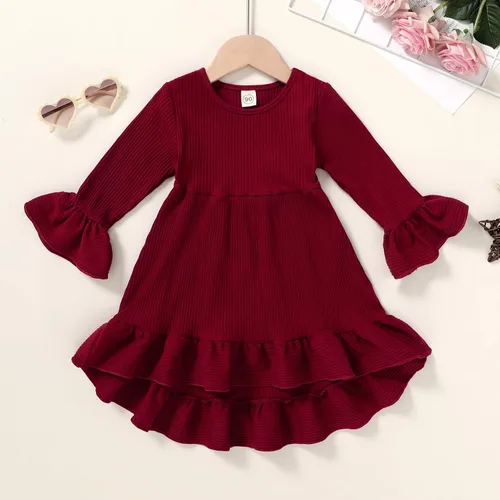 Vista 6 de YOUNGER TREE Ropa de otoño para bebés y niñas pequeñas, falda irregular de algodón sólido, vestido de invierno, falda de manga larga