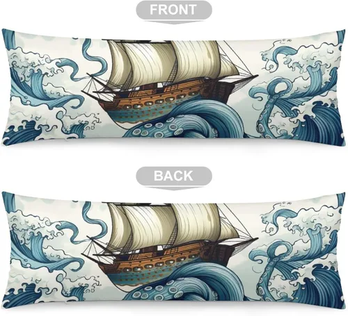 Vista 3 de Funda de almohada corporal de pulpo con barco, vela vieja en olas del océano, funda de almohada corporal de 20 x 54 pulgadas, funda de almohada