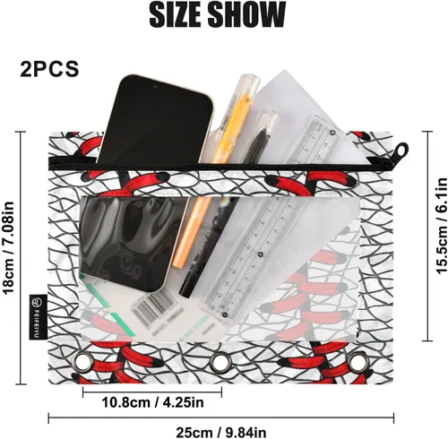 Vista 3 de Estuche de béisbol blanco para lápices de 3 anillas, paquete de 2 carpetas para lápices, estuche transparente con cremallera, bolsa de cosméticos