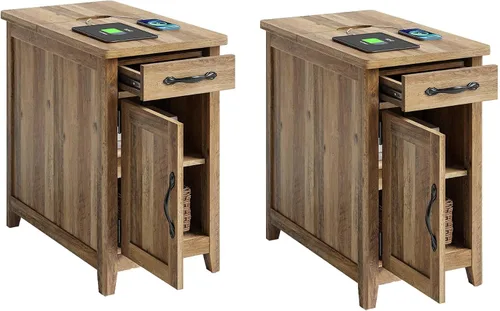 Vista 12 de LINSY HOME - Juego de mesas auxiliares de 2 piezas con estación de carga, mesa auxiliar moderna de estilo granja para sofá, mesa auxiliar de madera