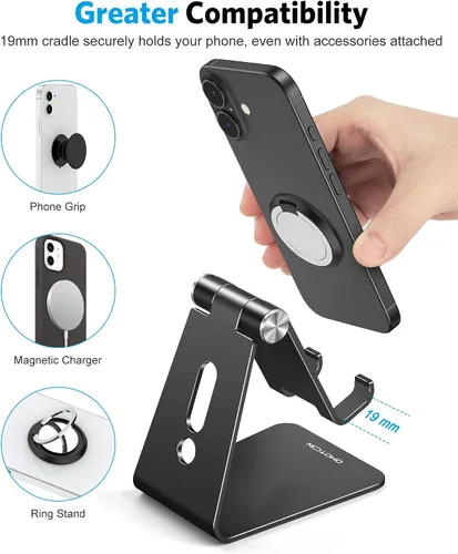 Vista 5 de OMOTON C2 Soporte de aluminio ajustable para teléfono celular con corte de carga, negro