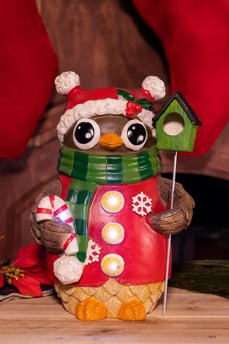 Vista 4 de Alpine Corporation Búho de Navidad con estatua de casa de pájaro - Tm