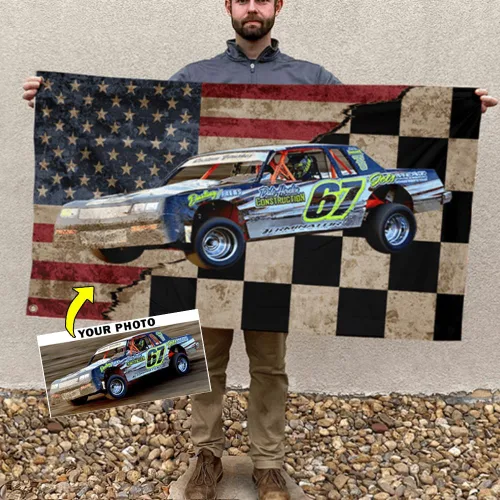 Vista 8 de Sprint Car Racing - Foto personalizada, nombre y número de carreras de bandera estadounidense a cuadros para amantes de las carreras de pista