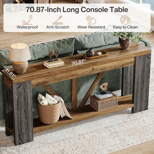 Vista 4 de Tribesigns Mesa de entrada extra larga de 70.9 pulgadas, mesa consola de madera de granja con almacenamiento, mesa de sofá moderna detrás del sofá