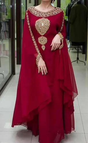 Vista 2 de ADIBA CREATION - Vestido largo de caftán marroquí de Dubai Farasha Abaya Caftán Vestido Eid Ramada Granate