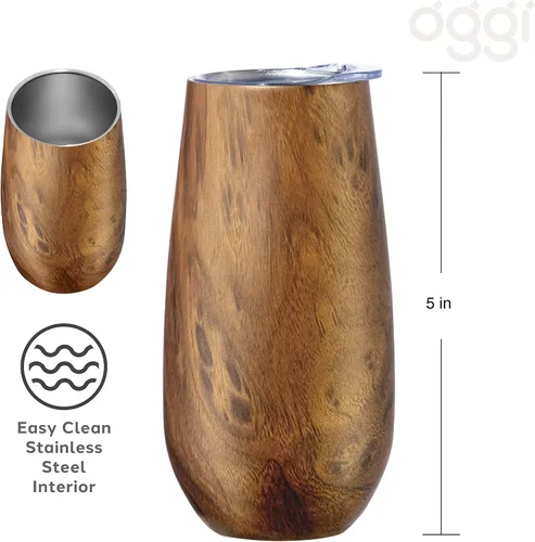Vista 3 de OGGI Thermo Flute 'Celebrate Collection' - Vaso de copa de champán con aislamiento de acero inoxidable, grano de madera, 6 onzas, con tapa
