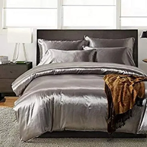 Vista 3 de Juego de funda de edredón de 3 piezas (1 funda de edredón + 2 fundas de almohada) de seda satinada, colección de ropa de cama sexy de lujo 100% Negro