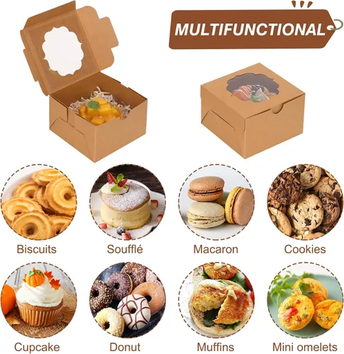 Vista 4 de 100 cajas pequeñas para galletas con ventana, cajas pequeñas de panadería de 4 x 4 x 2.5 pulgadas Mini cajas de postre marrones con ventana