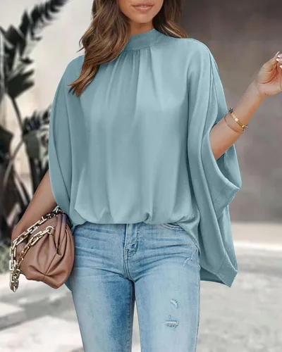Vista 2 de BTFBM Blusas de verano para mujer, cuello alto falso, manga murciélago, holgadas, dobladillo alto y bajo, blusas informales de gran