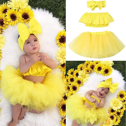 Vista 2 de POLG Trajes de bebé recién nacido, camiseta corta con hombros descubiertos, falda tutú de tul con diadema, ropa de verano de 3 piezas