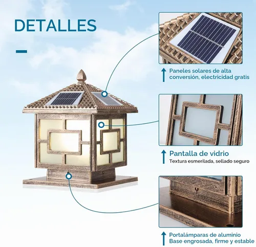 Vista 7 de Luces solares para postes al aire libre, IP65, impermeables, de bronce, lámparas de columna exterior de 9.8 pulgadas, luces de pilar de aluminio