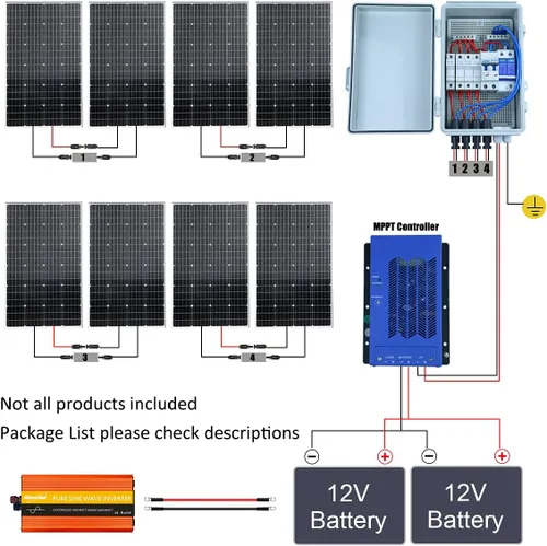 Vista 2 de Sistema solar de 960 vatios y 12 voltios fuera de la red: 8 paneles solares de vidrio monocristalino de 120 W + caja combinadora de 4 cuerdas +