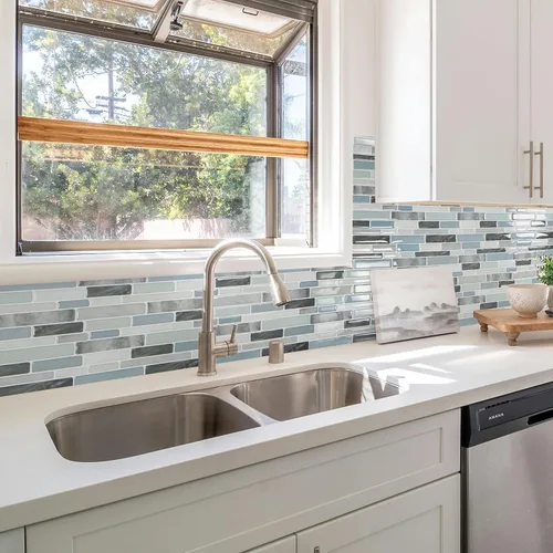 Vista 5 de LONGKING Loseta en muro adhesiva para cocina con diseño de mármol (10 azulejos)