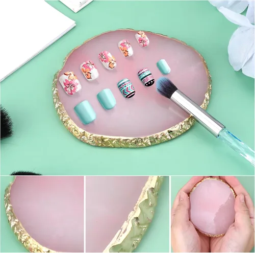 Vista 7 de Ouligay Paleta de arte de uñas de resina Paleta de mezcla de maquillaje con borde dorado, herramienta de arte de uñas, diseño de gel, bandeja de Rosa