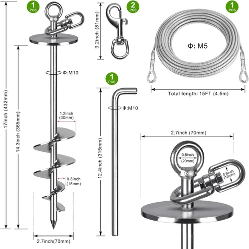Vista 7 de SELEWARE Cable de amarre y estaca para perros, anclaje giratorio de 17 pulgadas a prueba de óxido con cable resistente de 15 pies para perros