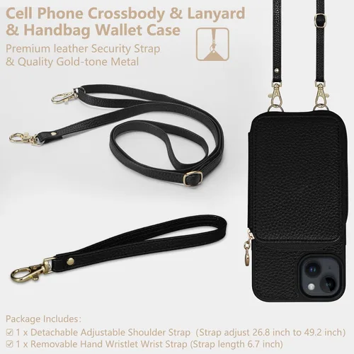 Vista 6 de Funda compatible con iPhone 15 de 6.1 pulgadas, cremallera cruzada con ranuras para tarjetas de bloqueo RFID, soporte, cordón y correa de mano