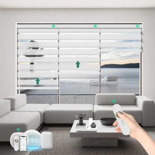Vista 18 de Persianas motorizadas de cebra con control remoto, funcionan con HomeKit Alexa, cortinas eléctricas automáticas para ventanas, 60% opacas, filtro