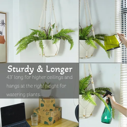 Vista 2 de Bouqlife Perchas para plantas de macramé de 43 pulgadas, grandes para macetas de hasta 12 pulgadas, extra largas con ganchos de lazo resistentes