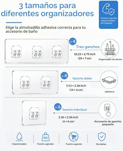 Vista 2 de COOLMI Organizador de ducha de repuesto adhesivo, paquete de 14 ganchos mixtos