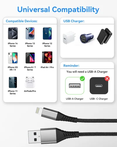 Vista 7 de Umefly Cable de carga corto para iPhone de 1 pie, paquete de 2 cables USB a Lightning para automóvil, cable de carga de iPhone de 1 pie para iPhone