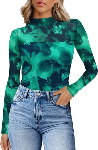 Vista 15 de Camisas de manga larga de malla sexy para mujer, ropa de moda, cuello de tortuga, drapeada, para salir, trajes de otoño, blusas ajustadas Negro