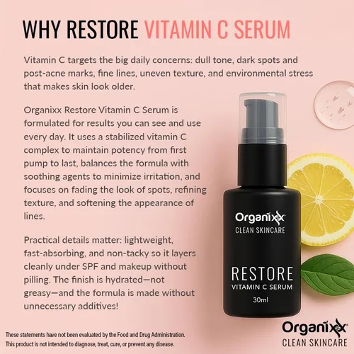Vista 3 de Organixx Restore Vitamin C, suero facial diario con ácido hialurónico, vitamina E orgánica, hamamelis, glicerina y aloe vera, fórmula iluminadora