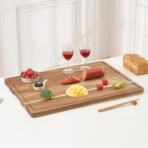 Vista 6 de Tabla de cortar extragrande de madera de acacia con asas, bloque de cortar de cocina con ranura para jugo, tabla de bloque de carnicero, tabla