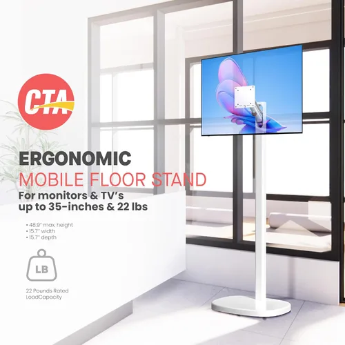 Vista 2 de CTA Ergonomic Floor Stand For Monitors & TV’s Up To 35-inches & 22 lbs - Mobile Stand With Anti-Knockdown Base & Height Adjustable - Commercial