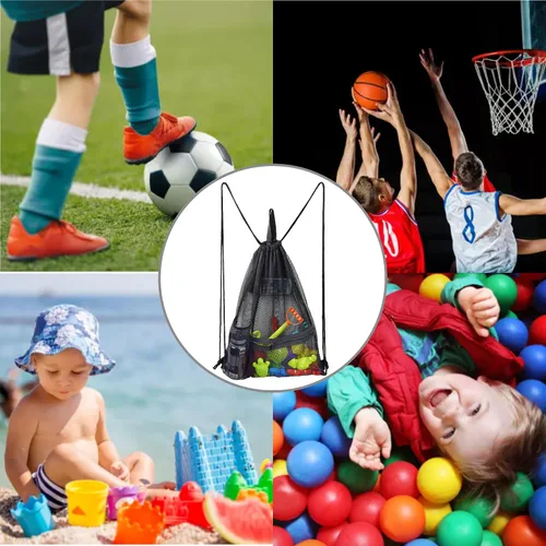 Vista 6 de Heavy Duty Drawstring Mesh Bag, Gym Backpack Sports String Bag with Bottle Holder for Balls, Swiming, Beach Toys
