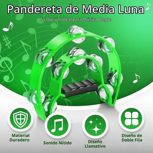 Vista 2 de Flexzion Pandereta Half Moon para adultos con jingles de doble fila, color Verde