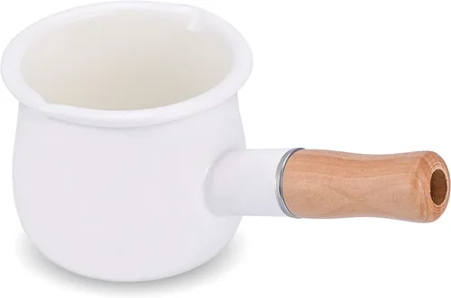 Vista 10 de Olla de leche esmaltada, olla pequeña para leche, calentador de mantequilla de 4 pulgadas, 17 onzas, sartén pequeña esmaltada con mango de madera