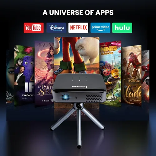 Vista 3 de Mini proyector portátil con altavoz de batería recargable y tirpod, proyector pico de 1080P (entrada 4K), sistema de transmisión integrado