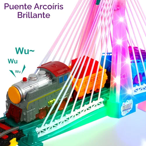 Vista 3 de Juego de tren eléctrico para niños de 4 a 8 años con juego de pistas de tren y pistas de automóvil, puente iluminado, señal de tráfico, sonido