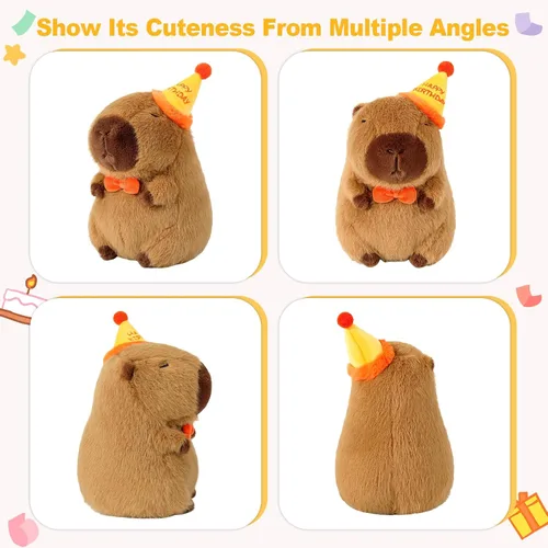 Vista 5 de Ditucu Lindo Peluche de Capibara con Sombrero de Cumpleaños Feliz y Lazo, Animal de Peluche Suave, Juguetes de Peluche para Niños, Decoración