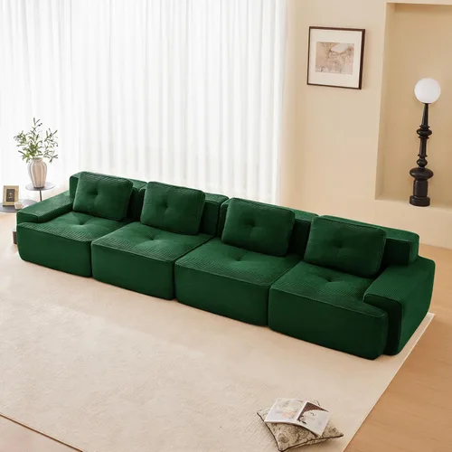 Vista 48 de Sofá moderno comprimido sin armazón de 116", sofás seccionales de 3 plazas para sala de estar, sofá seccional modular de pana verde nube, espuma