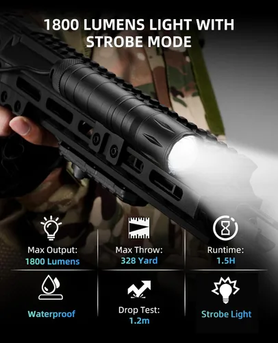 Vista 2 de EZshoot Linterna táctica de rifle de 1800 lúmenes con interruptor de presión, linterna táctica para rifle compatible con M-Rail, linterna de rifle