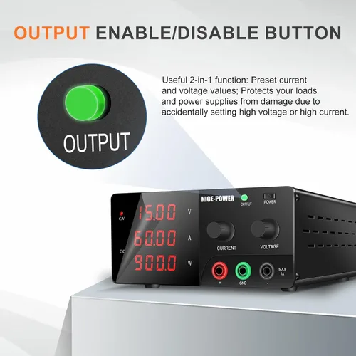 Vista 5 de NICE-POWER Fuente de alimentación de CC variable, fuente de alimentación de banco de alta potencia de 15V 60A 900W con perilla de codificador