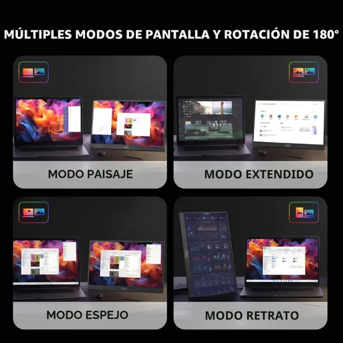 Vista 5 de AOC Monitor portátil de 15.6 pulgadas FHD 1080P IPS 125% sRGB, monitor de viaje USB-C HDMI para laptop, segunda pantalla externa ultra delgada