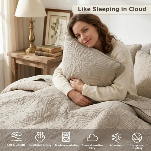 Vista 3 de B2EVER Juego de edredón de damasco beige tamaño individual con 1 funda de almohada, colcha boho ligera y suave de estilo granja vintage bohemia
