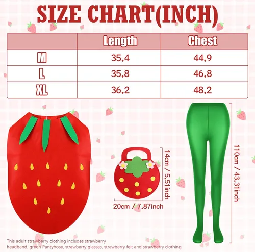 Vista 5 de Jiuguva 5 piezas unisex Halloween fresa disfraz de fruta traje de la cabeza pantimedias gafas bolsa ropa fresa para adultos