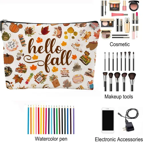 Vista 3 de Hola otoño regalos temáticos bolsa de cosméticos para mujeres, regalos de Acción de Gracias, pequeño maquillaje de viaje, regalos de otoño, ideas
