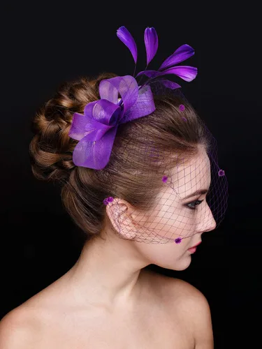 Vista 6 de Boao Sombrero de tocado con lazo, sombrero de fiesta de té, plumas, velo, diadema de malla y guantes cortos de encaje, guantes de encaje floral