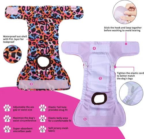 Vista 4 de Pañales reutilizables para perras femeninas, almohadillas lavables para orina de cachorro con correa ajustable para perros pequeños en calor e
