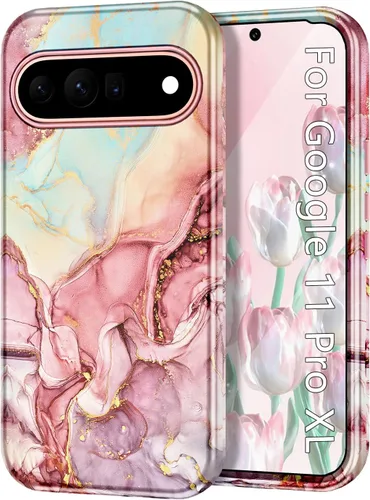 Vista 16 de Btscase Funda para Google Pixel 9 Pro XL 2024 [grado militar a prueba de golpes] elegante patrón de mármol delgado protector de 3 capas de Oro rosa