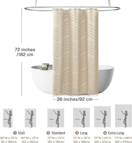 Vista 4 de Cortina de ducha Siiluminisoy de 36x72 beige, cortina de ducha de tela de tamaño pequeño, cortinas de ducha de tela con tufting, diseño chevron a