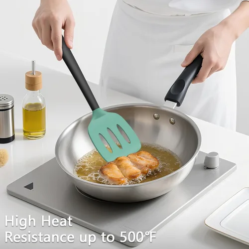 Vista 4 de Coukre Juego de 3 espátulas de silicona, resistentes a altas temperaturas, sin BPA, espátulas para pescado, mango sólido y ranurado para sartenes