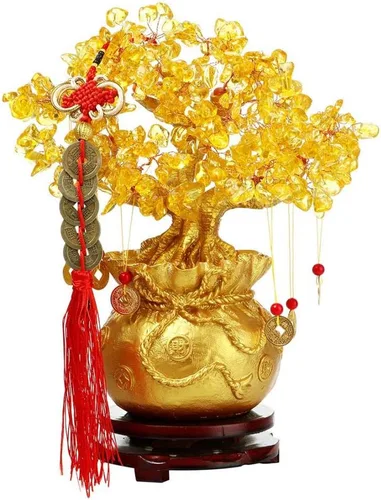 Vista 9 de Árbol del dinero de Feng Shui, árbol de la suerte de cuarzo amarillo, parte inferior con lingote dorado con base de sándalo giratoria, decoración