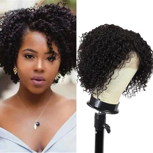 Vista 8 de Blissource Pelucas de cabello humano corto y rizado para mujeres negras, pelucas de cabello humano ondulado con parte en L, pelucas de encaje